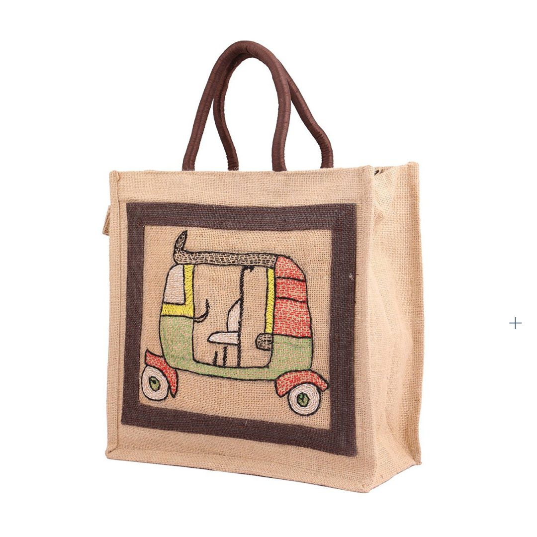 INDHA Hand Embroidered Auto Rickshaw Embroidery Jute Lunch Bag/ Gift Bag for Men/Women