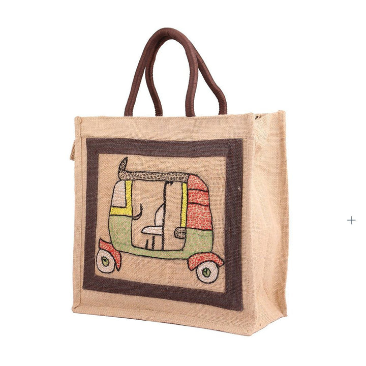INDHA Hand Embroidered Auto Rickshaw Embroidery Jute Lunch Bag/ Gift Bag for Men/Women