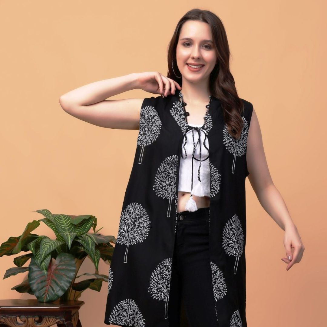 Indha Hand Block Printed Black Shrug Jacket for Girls | Open Front Shrug For Girls | Black Tree Motif Print Short Jacket For Girls