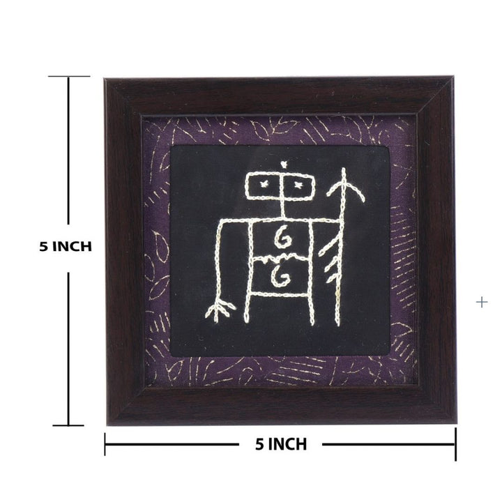 INDHA Glass Coaster With Embroidered Tribal Doodle-Art In Black Wooden Frame set of 2 | Corporate Gifting | Home Utility | Kitchen &amp; Dining