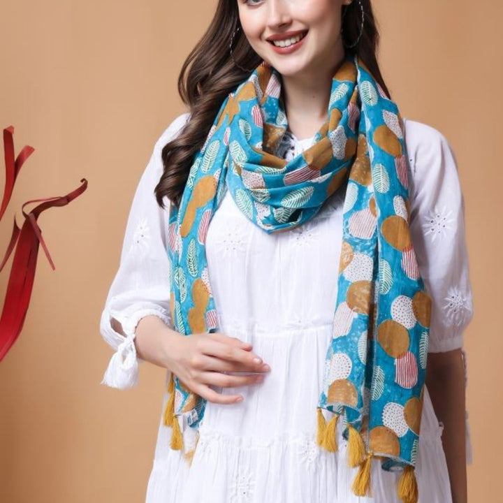 INDHA Hand Block Printed Cotton Stole Blue | Hand Block Printed Multicolor Abstract Geometric Design Pattern | Hand Block Printed Stole | Stoles For Women | Traditional Stoles | Gifting | Fashion Wear | Indo Western Stole | Fashion Accessory