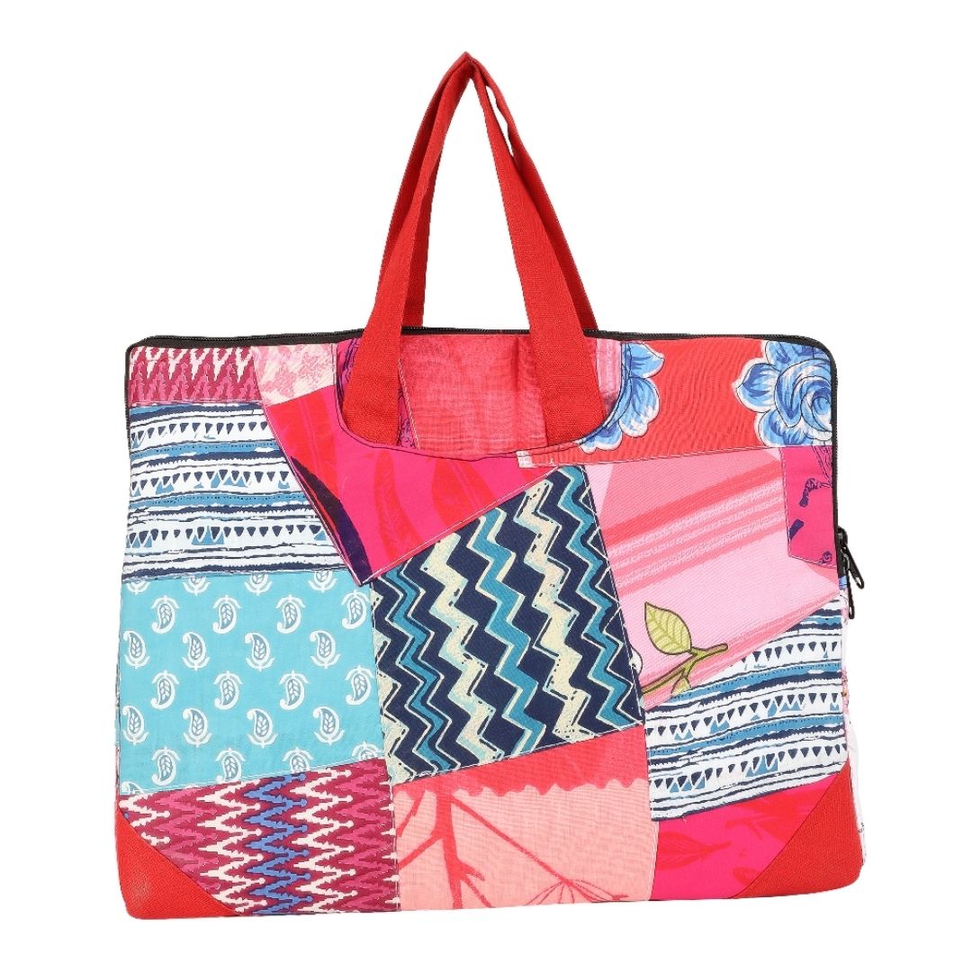 Indha Multicolor Upcycled Cotton Patchwork Laptop Sleeve – Hand Embroidered Motif, Eco-Friendly 11"x14.5" Padded Bag with YKK Zipper