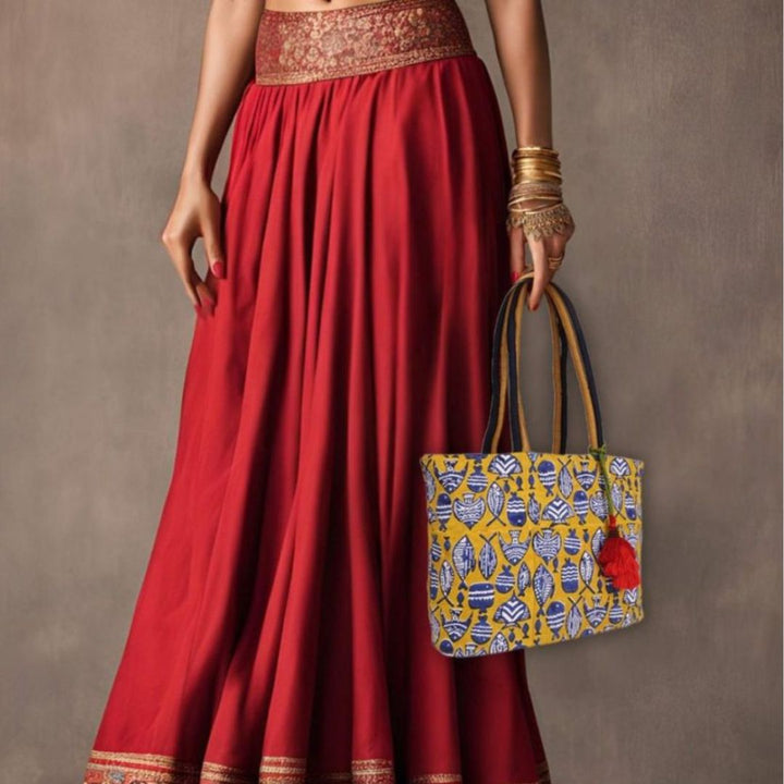 Indha Hand Block Printed Cotton Shoulder Bag | Yellow Fish Motif Handbag For women