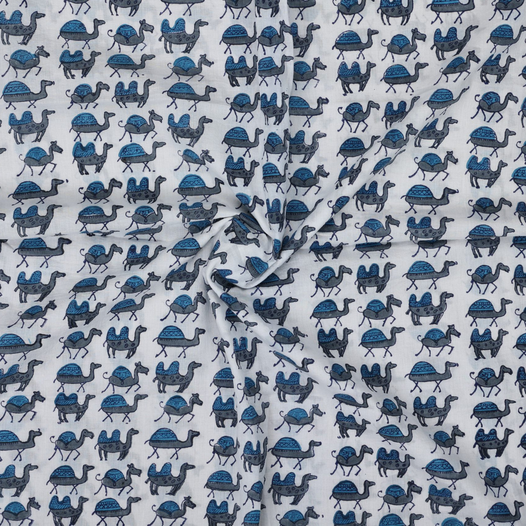 INDHA Hand Block-Printed Cotton Fabric | Blue And Grey Camel Design Motif Light Grey Cotton Fabric | Hand Block Printed Fabric | Home Utility | Fashion Utility | Gifting | Gifts For Him | Gifts For Her | Home Furnishing | Jaipuri Block Print Fabric