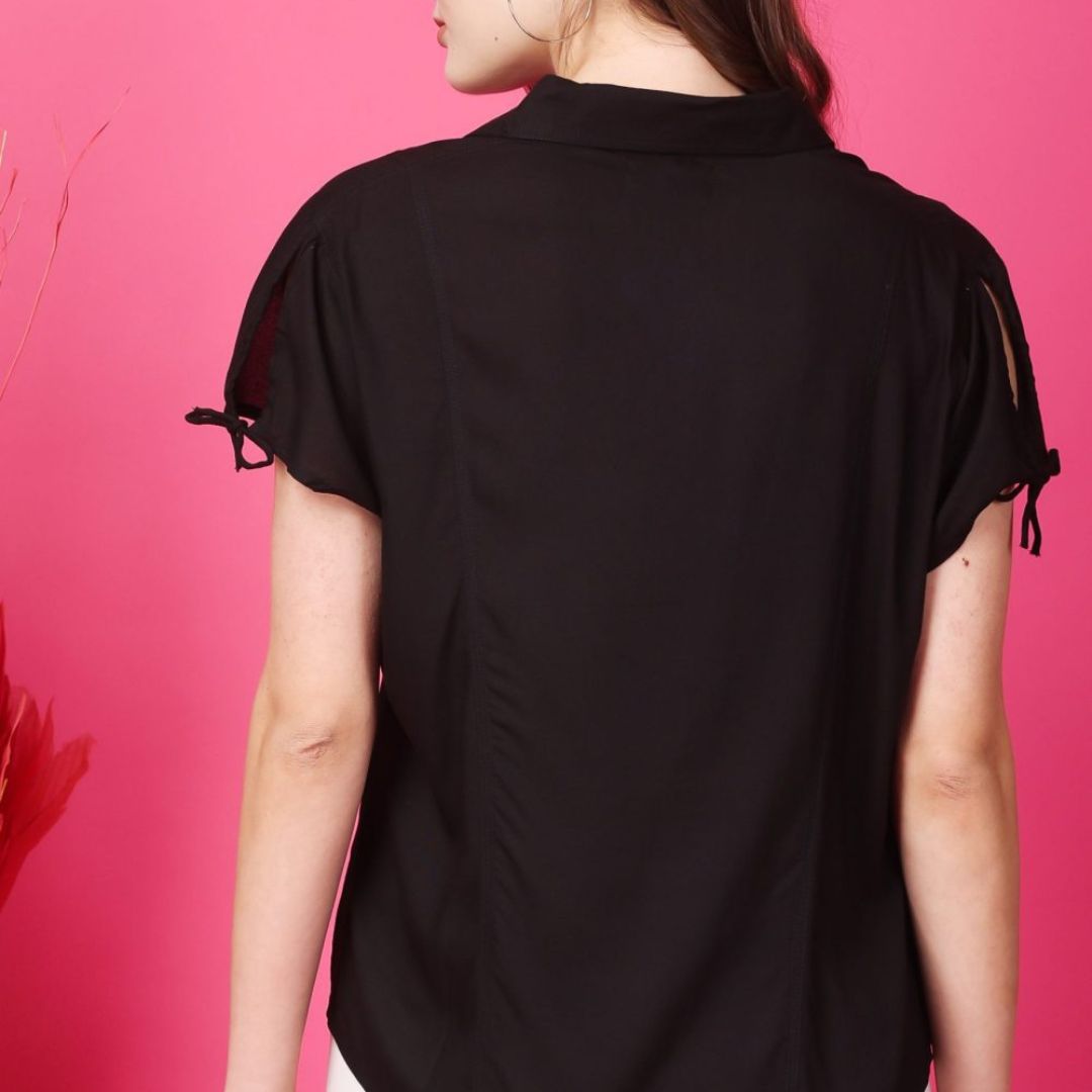 Indha Black Rayon Casual Shirt Collar 1/4th Sleeves Formal Wear Shirt For Women's-XL