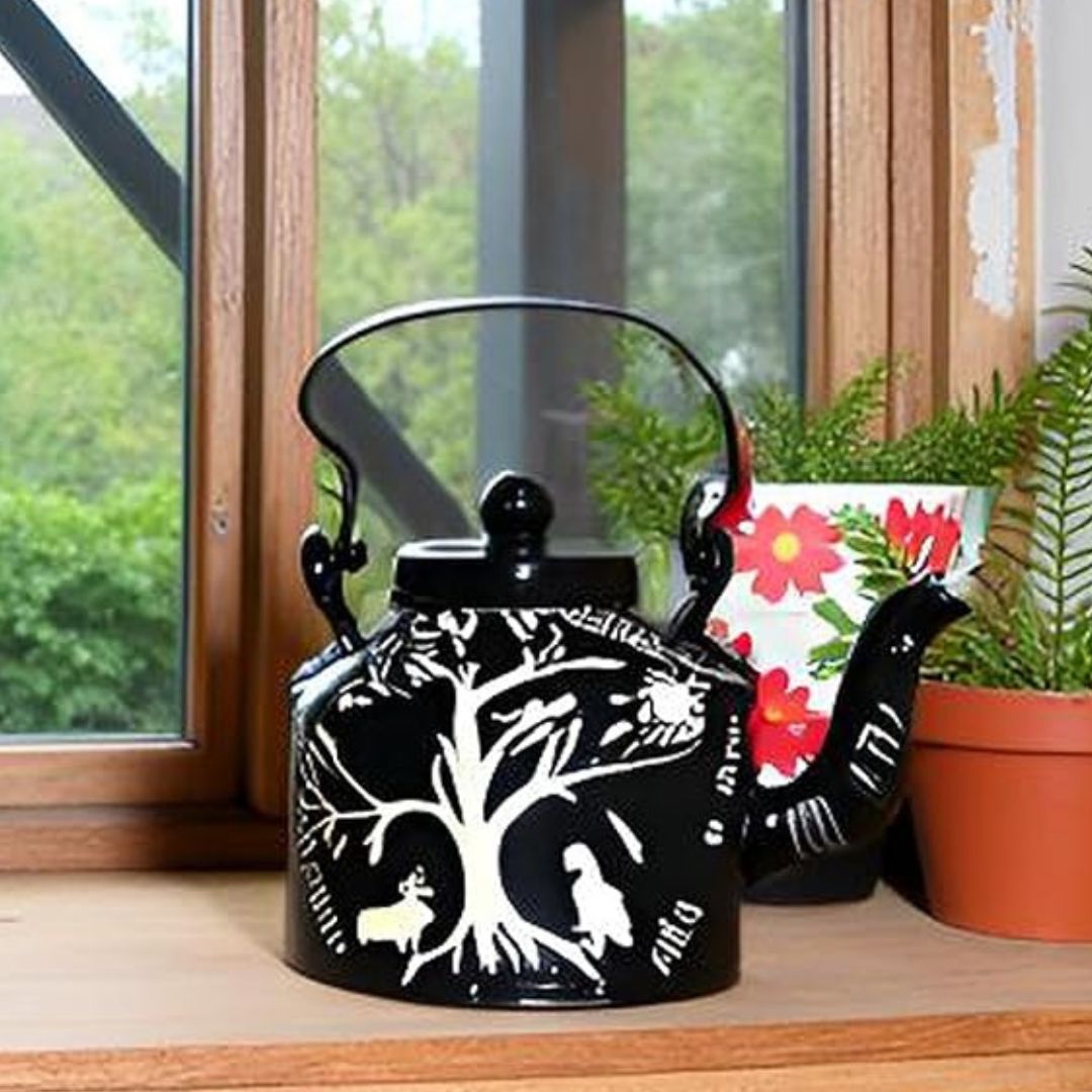INDHA Hand-Painted Black Aluminum Kettle Tree, Bird & Animal Folk Design 1L | Decorative & Functional | Eco-Friendly Handmade Gift | Indian Tribal Art Home Décor