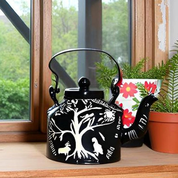 INDHA Hand-Painted Black Aluminum Kettle Tree, Bird & Animal Folk Design 1L | Decorative & Functional | Eco-Friendly Handmade Gift | Indian Tribal Art Home Décor