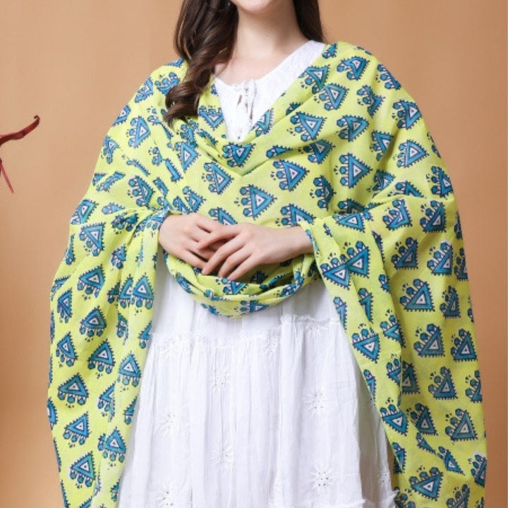 INDHA Hand Block Printed Green Stole | Hand Block Printed Blue Temple Design Motif | Hand Block Printed Stole | Stoles For Women | Ethnic Stoles | Gifting | Fashion Wear | Indo Western Stole | Fashion Accessory