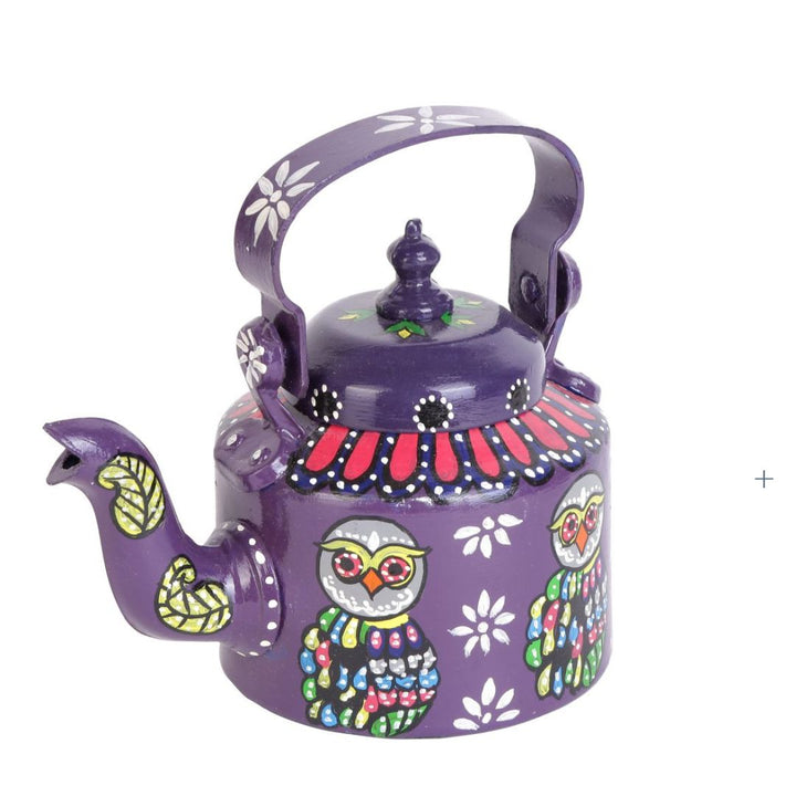 INDHA Hand Painted Owl Motif Decorative Purple Kettle | Home Décor