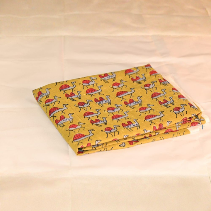 INDHA Hand Block-Printed Cotton Fabric | Red And Grey Camel Design Motif Mustard Yellow Cotton Fabric | Hand Block Printed Fabric | Home Utility | Fashion Utility | Gifting | Gifts For Him | Gifts For Her | Home Furnishing | Jaipuri Block Print Fabric