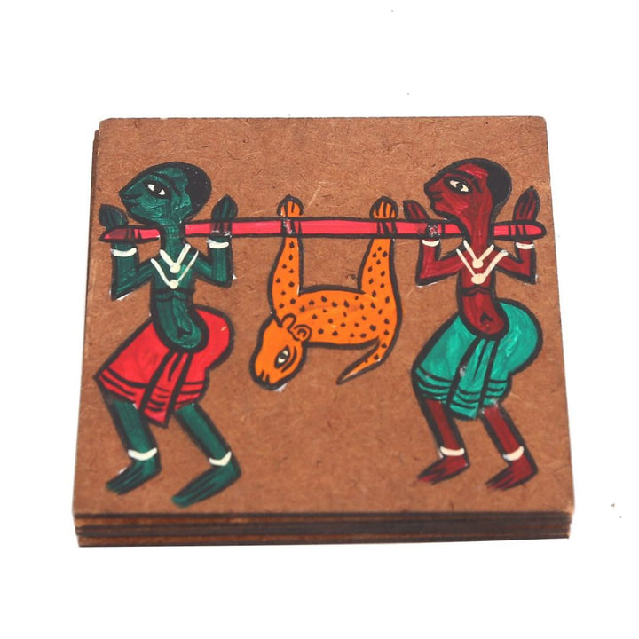 INDHA Pata Chitra Art hand-painted recycled wooden coasters Pack of Six Living Room Décor | Tribal Craft