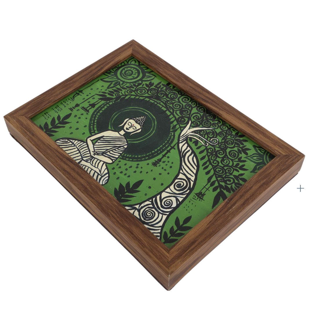 Indha Hand-Painted Buddha Wall Art | Meditating Under Tree | Upcycled Tablet with Reclaimed Wood Frame &amp; Vegan Leather Back | Eco-Friendly Spiritual Decor