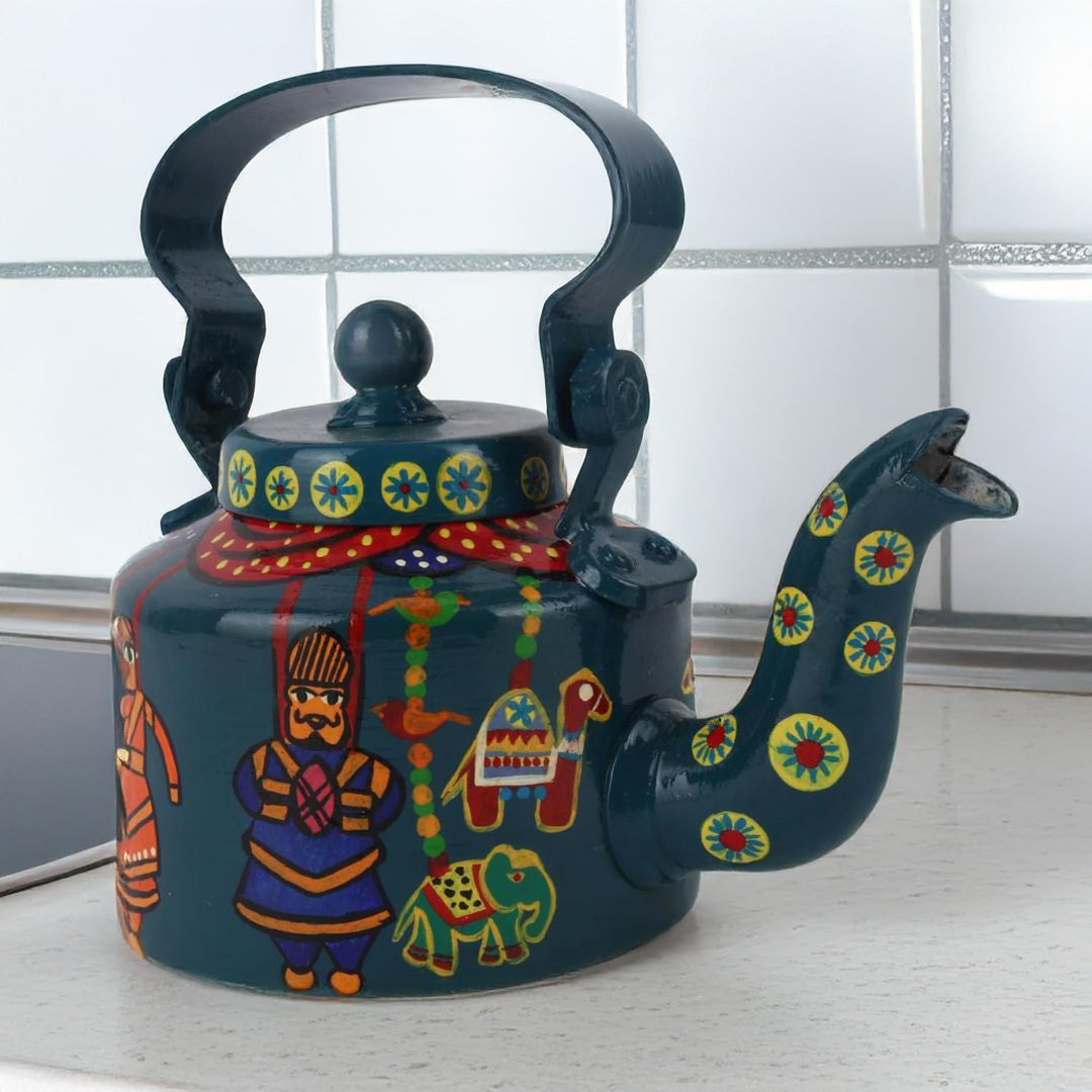 INDHA Handcrafted Rajasthani Puppet Kettle | Teal Green Decorative Aluminum Kettle 1L | Hand-Painted Art for Home, Café, Table Décor | Eco-Friendly Gift Made in India