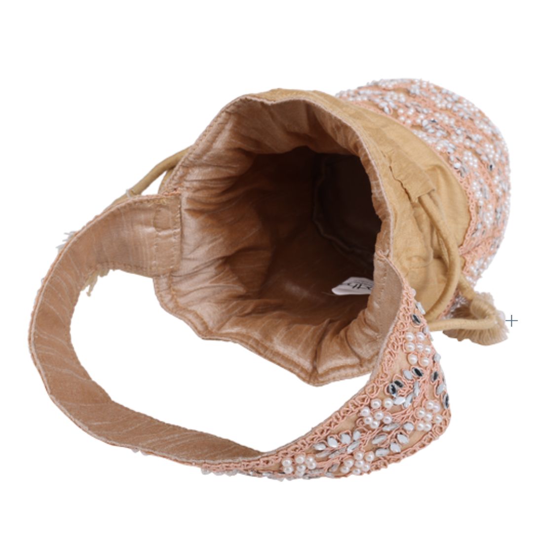 INDHA Handcrafted Potli | Beige Dupion Silk Potli | Chain Stitch Hand Embroidered Floral Design Pattern | Decorative Potli With Beads |