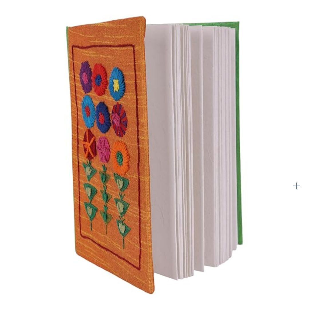 INDHA Handcrafted Recycle Paper diary | Eco Friendly Diary | Gifting | Sustainable Corporate Gifting| Handmade Diary | Abstract Embroidery Diary| Orange-Green Silk Fabric|Hand Embroidered