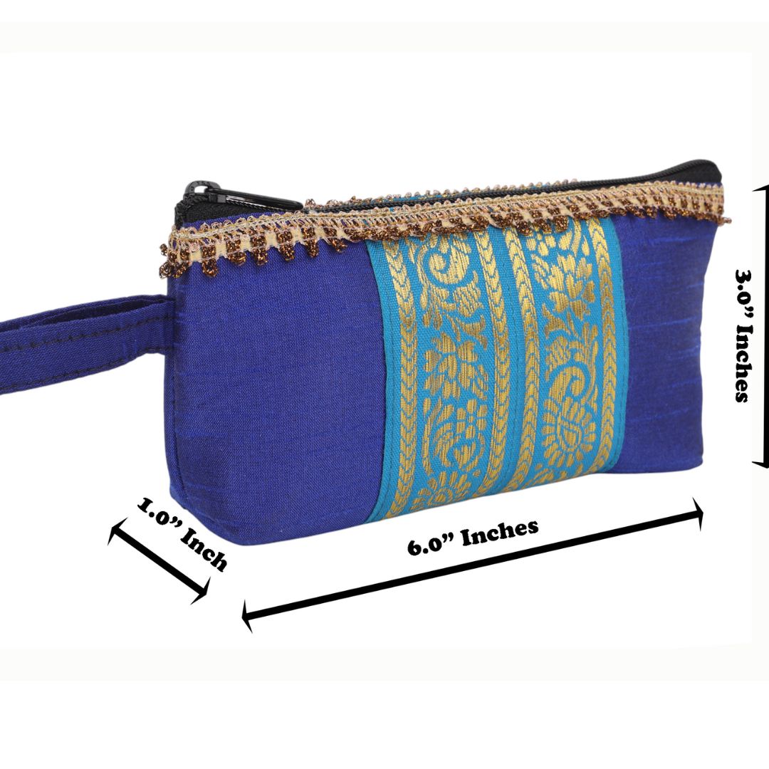 Indha Blue Dupion Silk Utility Pouch with Golden Brocade | Handcrafted Multipurpose Zipper Pouch | Elegant Eco-Friendly Gifting Option