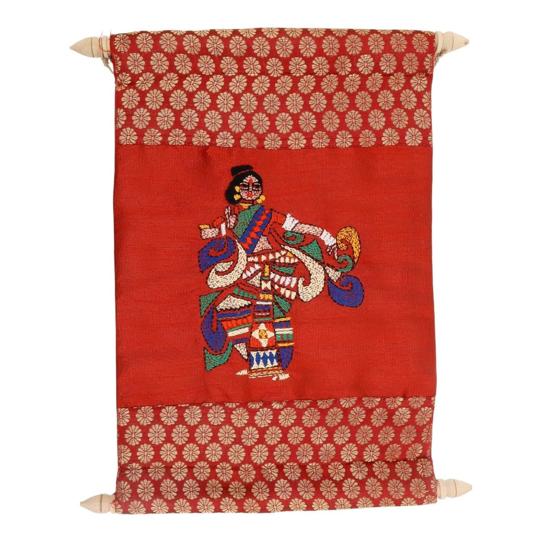 Indha Handcrafted Wall Scroll | Maroon Dupion Silk with Gold Brocade Borders | Handmade Home Décor | Wooden Finials | Gift-Ready Hanging Scroll