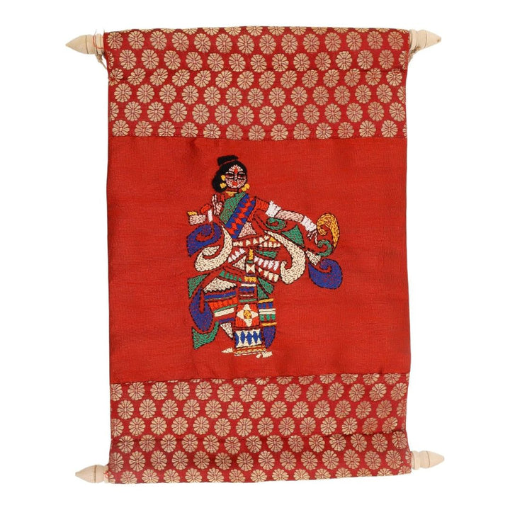 Indha Handcrafted Wall Scroll | Maroon Dupion Silk with Gold Brocade Borders | Handmade Home Décor | Wooden Finials | Gift-Ready Hanging Scroll