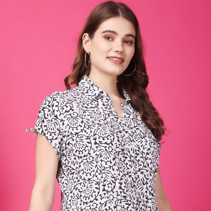 Indha Block Printed Black &amp; White Rayon Casual Shirt Collar 1/4th Sleeves Formal Wear Shirt For Women's-XL