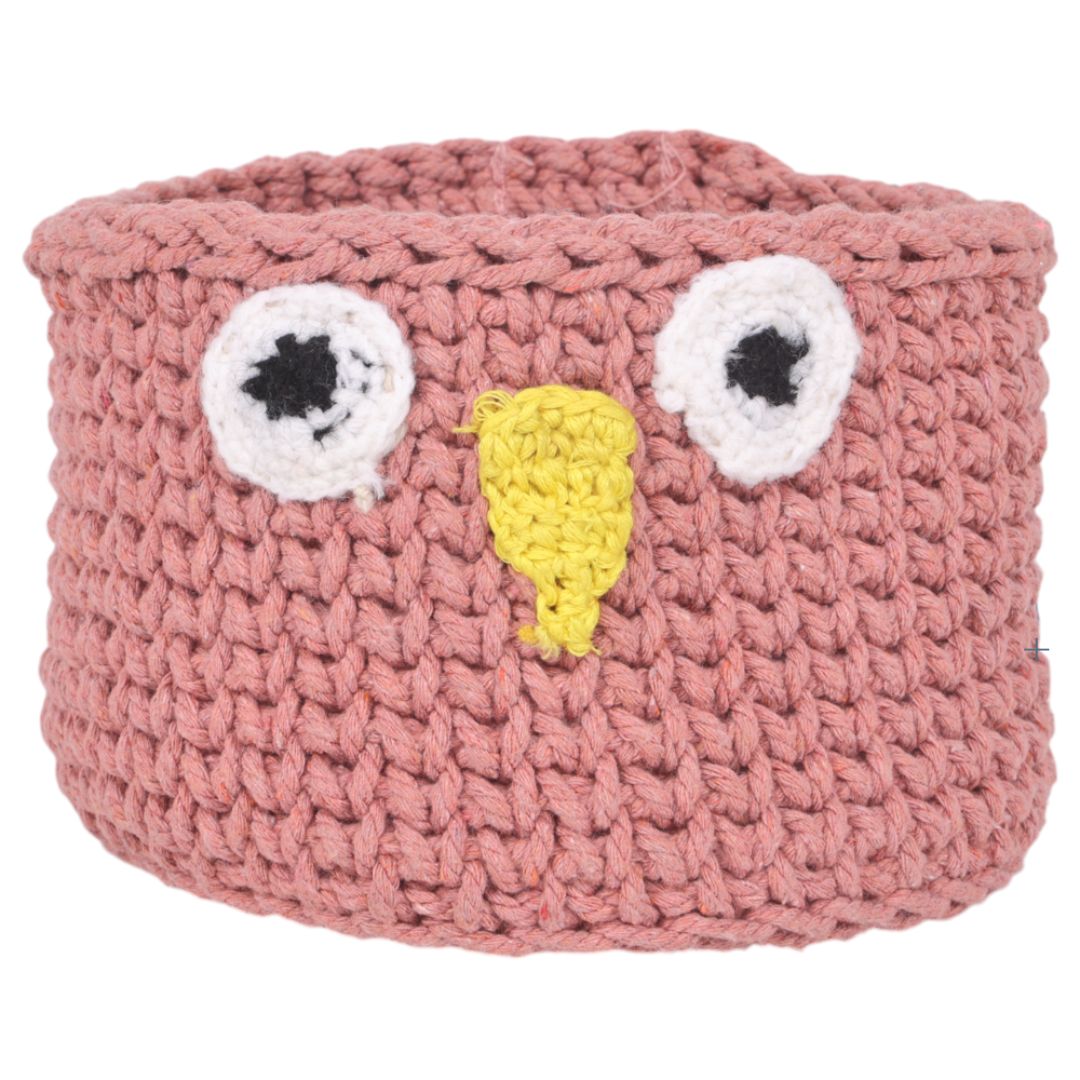 Indha Handcrafted Basket | Hand Knitted Basket | Cotton Rope Basket | Peach Cotton Basket | Owl Design Basket