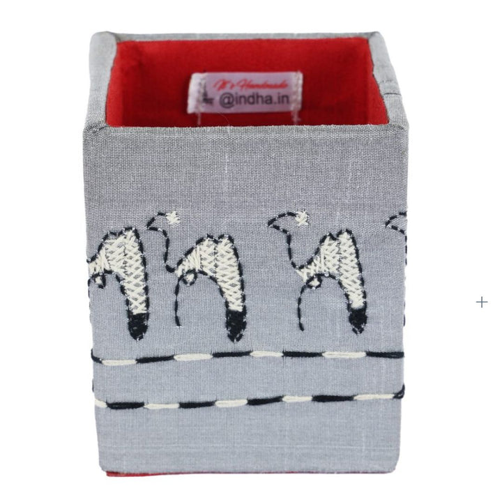 INDHA Camel Design Motif Hand Embroidered Kantha Work Grey Pen Stand | Dupion Silk Pen Stand | Desk Organizer | Desk Utility | Corporate Gifting | Pen Holder | Handcrafted Pen Stand