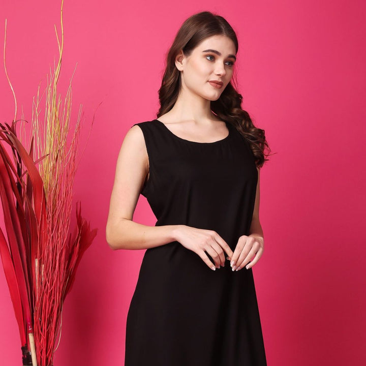Indha Women Solid Flared Black Dress  | Long Dress | Cotton Dress -XL