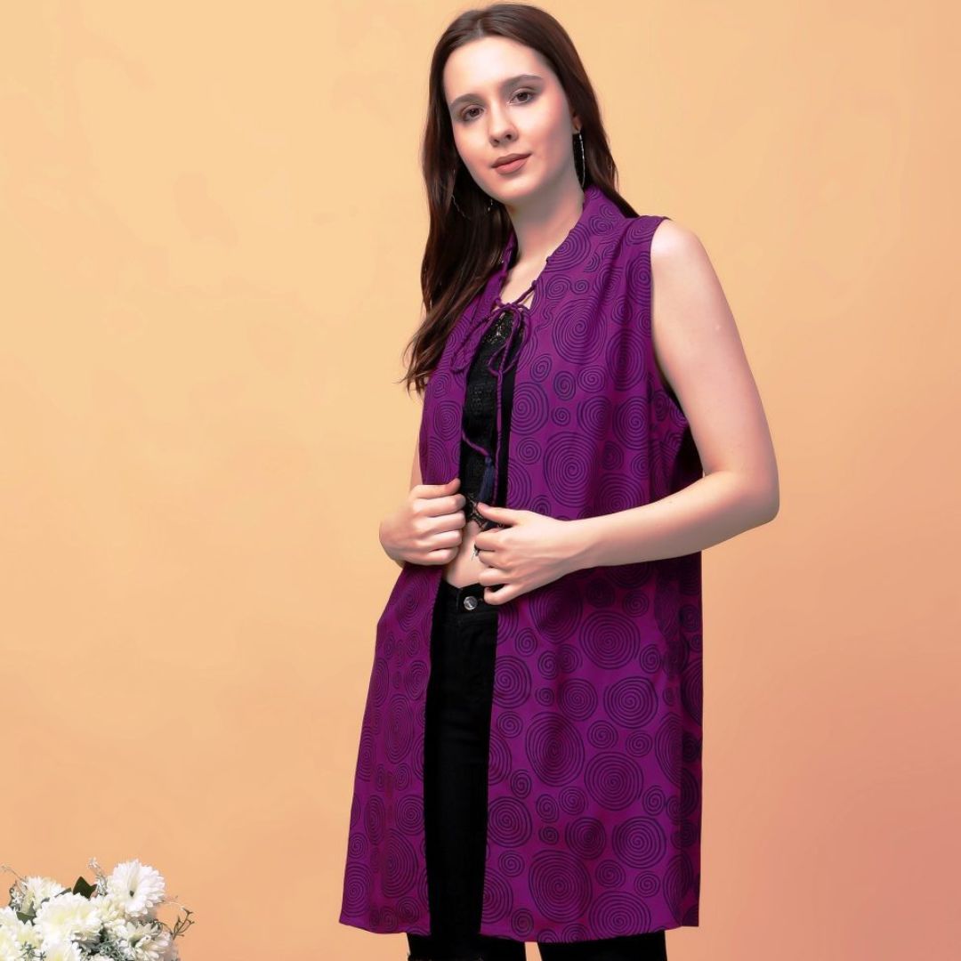 Indha Hand Block Printed Purple Shrug Jacket for Girls | Open Front Shrug For Girls | Swirl Motifs Print Purple Short Jacket &amp; Boleros For Girls