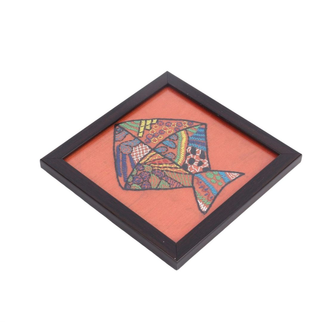 INDHA Rust-Colored Tribal Hand-Embroidered Table Top Wooden, Glass Coaster for Tea/Coffee Table set of 2