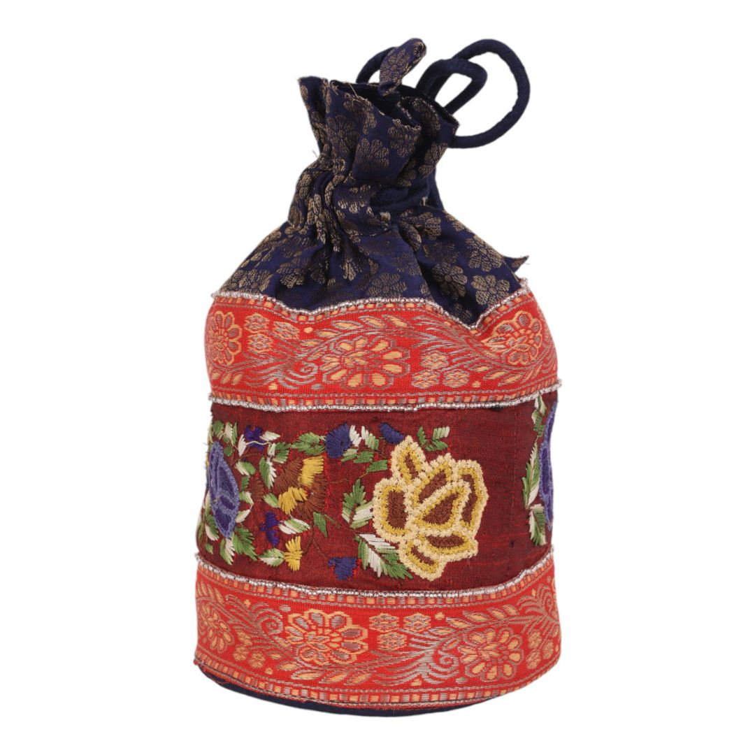Indha Royal Blue Brocade Silk Potli with Hand-Embroidered Persian Knot and Zari Border Work – A Timeless, Elegant Accessory for Festive Occasions and Special Celebrations.