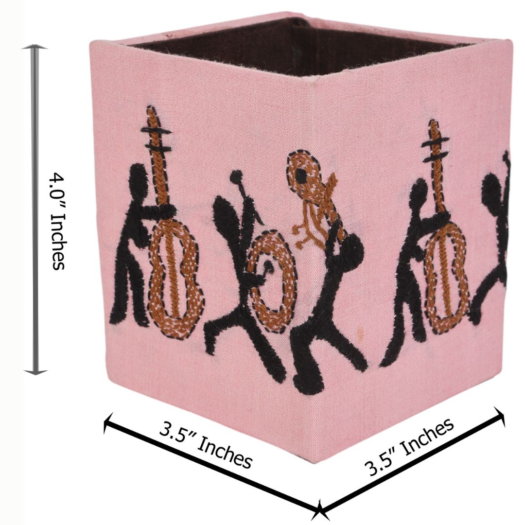 Indha Handcrafted Pen Stand – Embroidered Musician Motif | Eco-Friendly Desk Organizer