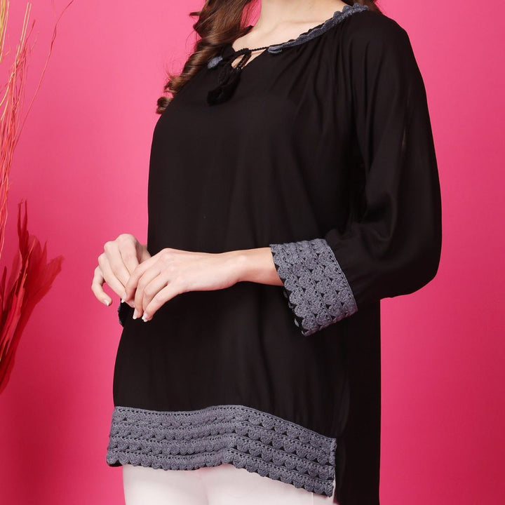 Indha Black Top With Tie-Up Neckline | Women's Black Top | Round Neck Rayon Top | Three Quarter Sleeves Top -XL