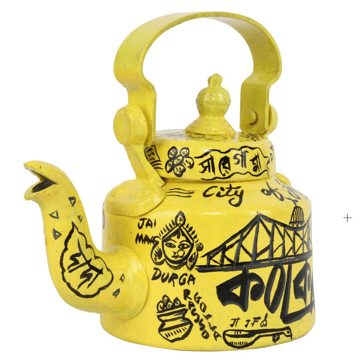 INDHA Kolkata City of Joy Yellow Colour Aluminum Hand-painted Tea/Coffee Kettle/Decorative Kettle