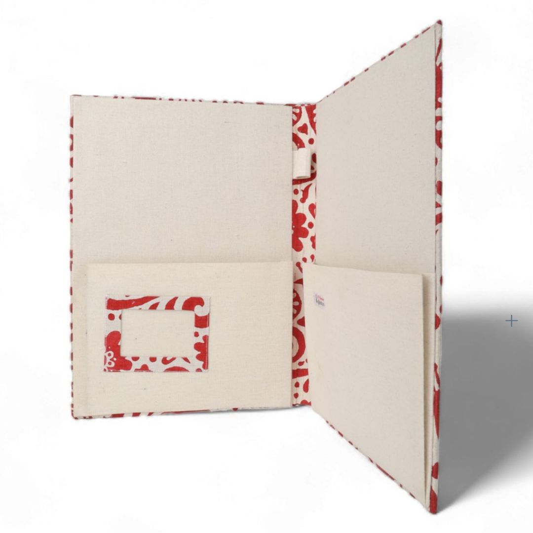 Indha Hand Made Document Holder | Abstract Block-print File Folder | Maroon and Off White File Folder| Block Printed  Ethnic Abstract Design | Block Printed Cotton File Folder | Sustainable Office Supplies |