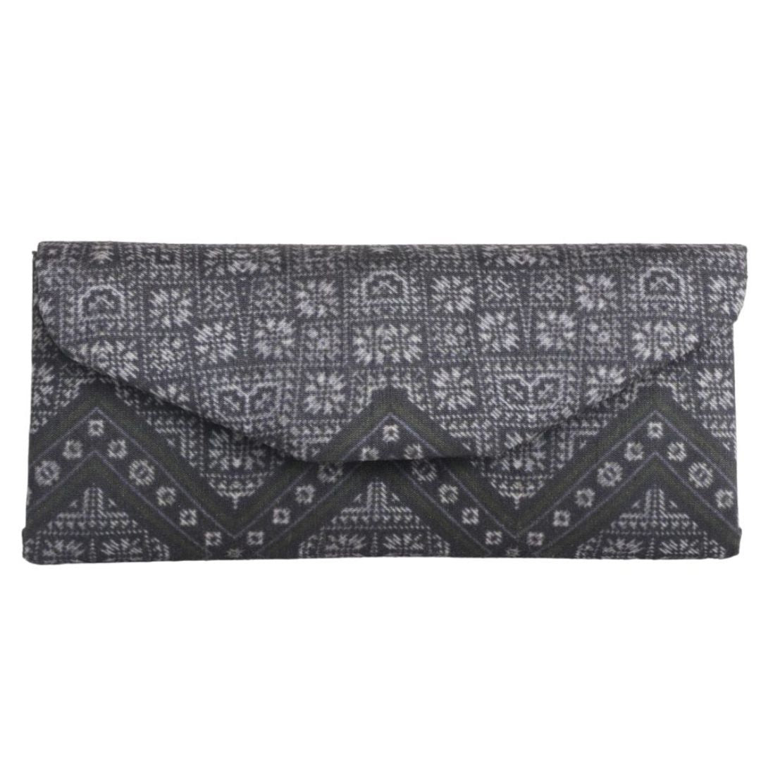 Indha Eyewear Case Black | Handcrafted Eyewear Case | Steel Grey Dupion Silk Eyewear Case | White and Blue Abstract Line Pattern Design Digitally Printed | Handmade Eyewear Case