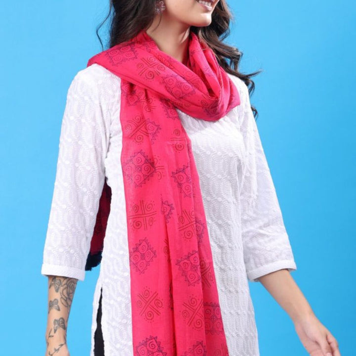 INDHA Stole | Pink Voil Cotton Stole | Hand Block Printed Blue &amp; Red Gemetric Pattern | Hand Block Printed Stole | Stoles for Women | Ethnic Stoles | Gifting | Fashion Wear | Indo Western Stole | Fashion Accessory | Light Weight Voil Fabric