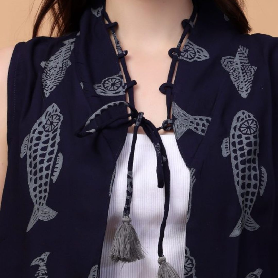 Indha Hand Block Printed Blue Shrug Jacket for Girls | Open Front Shrug For Girls | Fish Motifs Print Blue Short Jacket &amp; Boleros For Girls