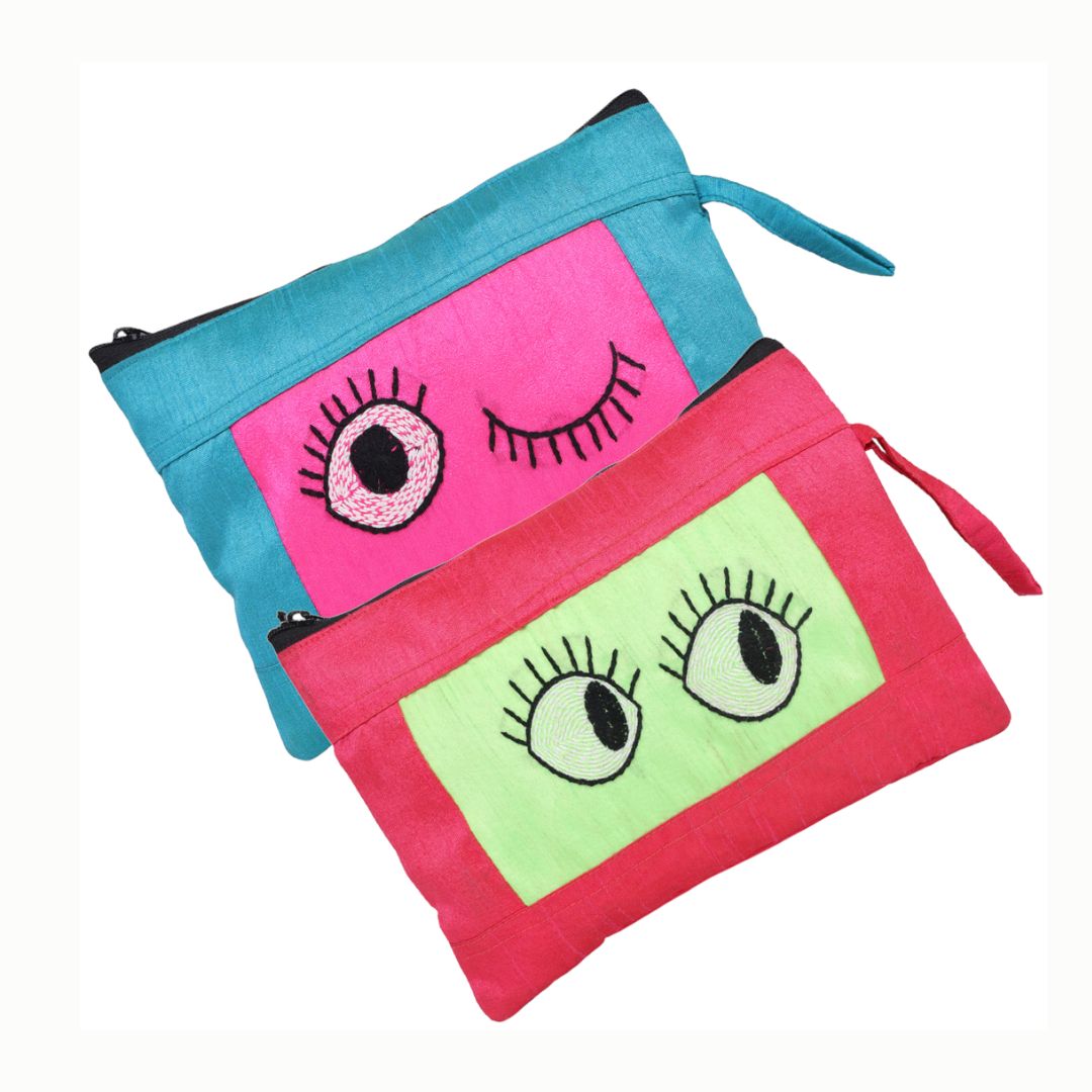 Indha Eyes Embroidery Pencil Pouch Bag Case with Zip for Students, School Supply Organizer Stationery Zip Pouch Bag for Kids Return Gifts