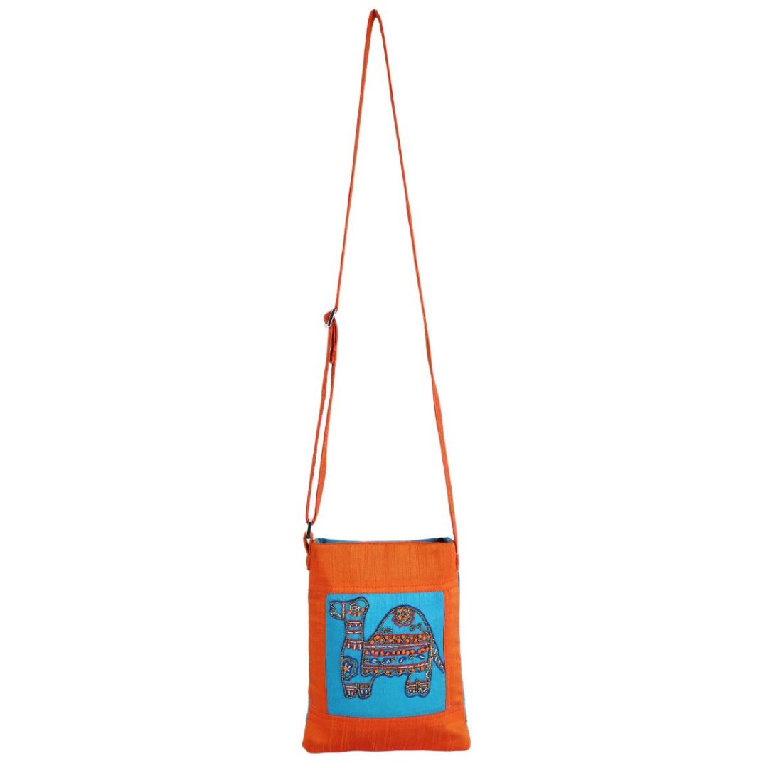 INDHA Camel Design Hand Embroidered Zardozi Work Orange & Sky Blue Sling Bag | Dupion Silk Sling Bag | Hand Crafted Sling Bag | Travel Utility | Cross Body Bag | Gifting | Fashion Bag | Fashion Accessory | Women Sling Bag