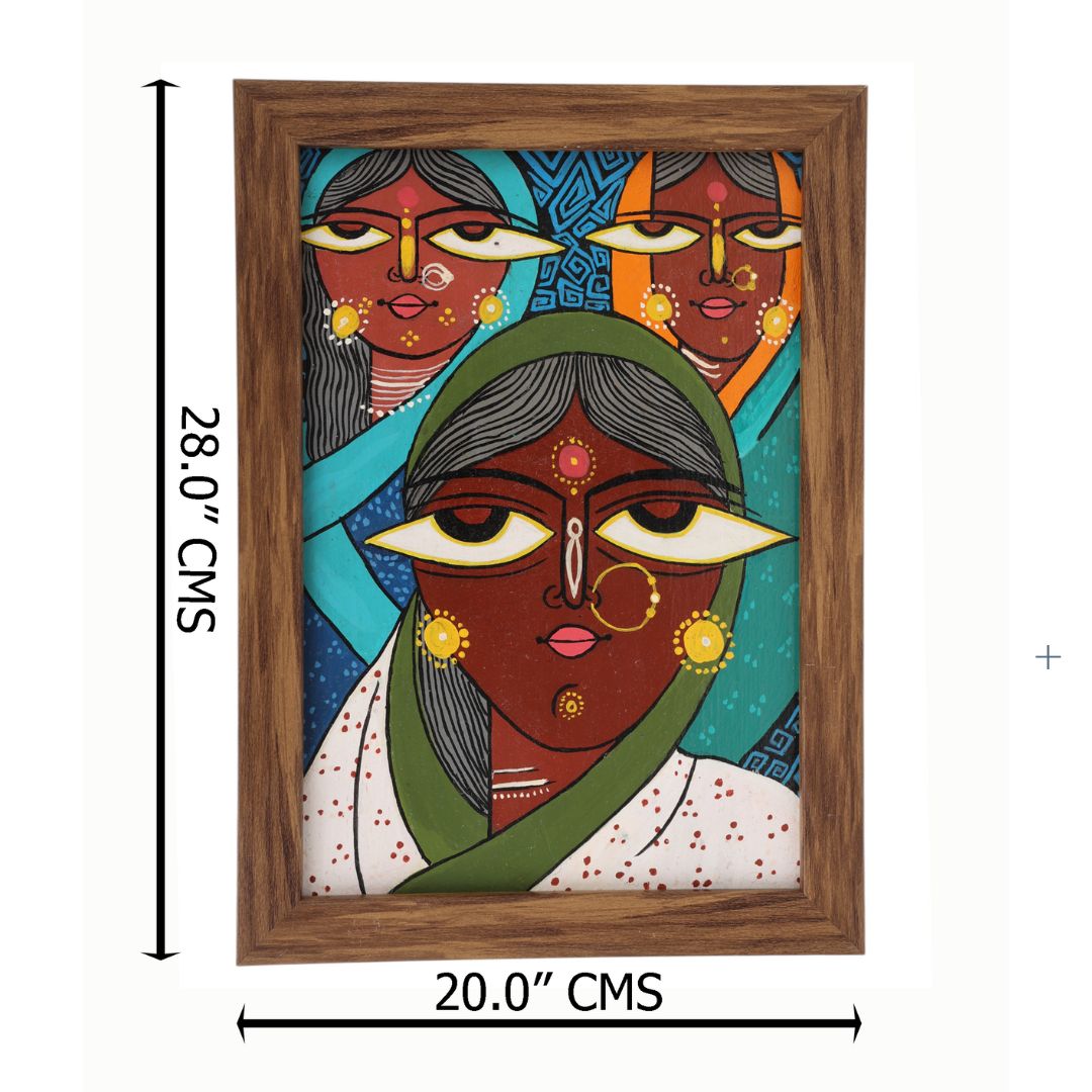 Indha Hand-Painted Abstract Wall Art | Made from Repurposed Tablet &amp; Wood | Sustainable &amp; Framed | Unique Corporate Gift| Three Women Art Acrylic Colours