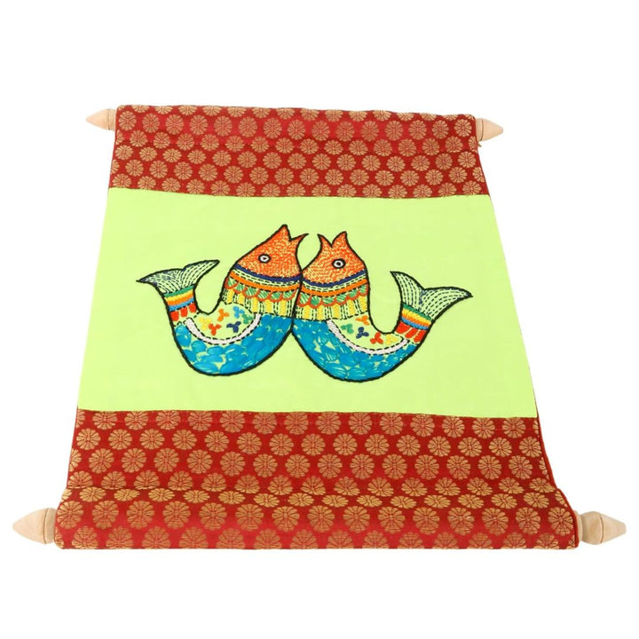 Indha Hand-Embroidered Wall Scroll | Lime-Green Dupion Silk with Red Brocade | Handmade Wall Hanging with Wooden Finials | Gift-Ready Ethical Home Décor