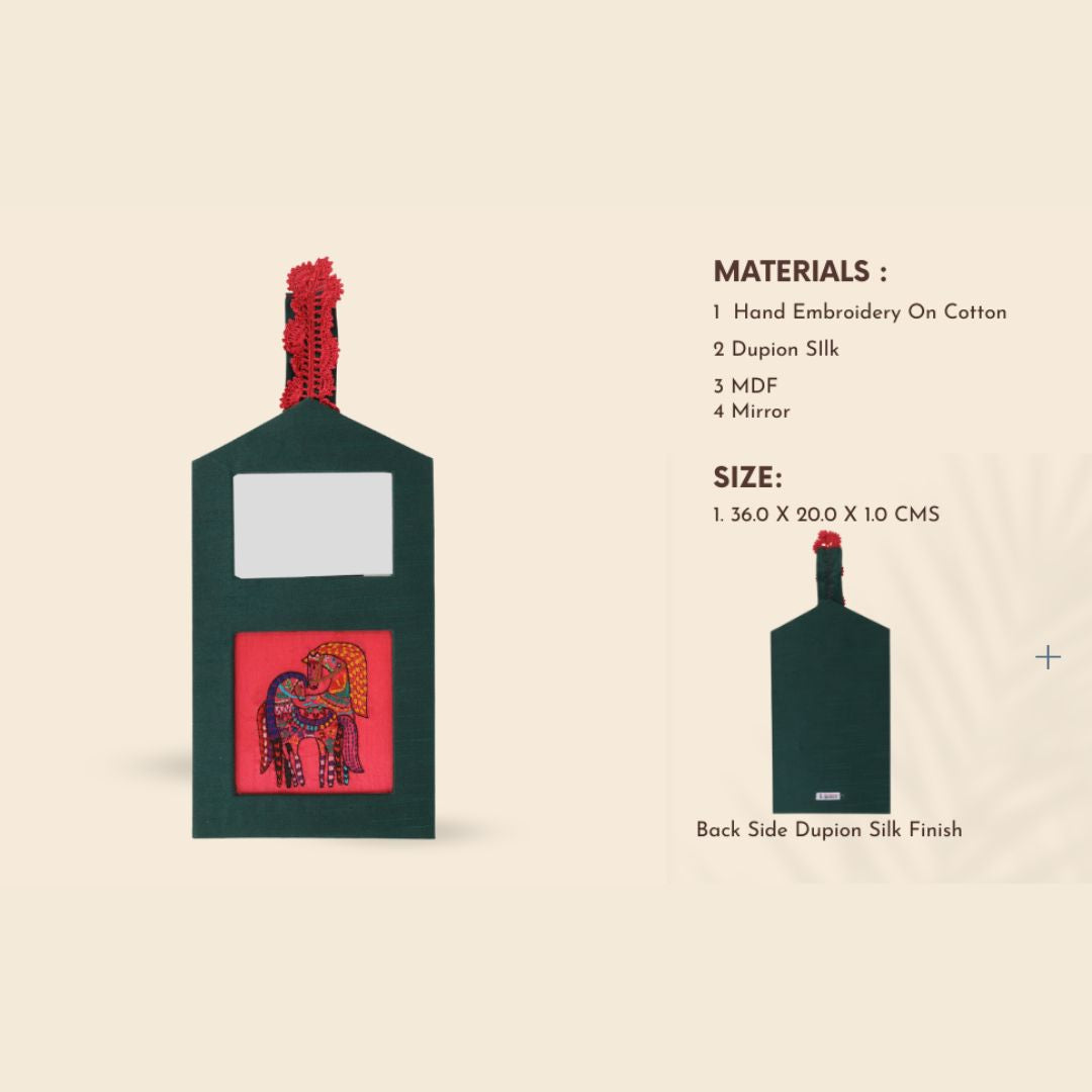 Indha Horse Embroidered Wall Hanging with Mirror | Handcrafted in Repurposed Wood | Artistic &amp; Eco-Friendly Décor | Symbol of Strength &amp; Positivity