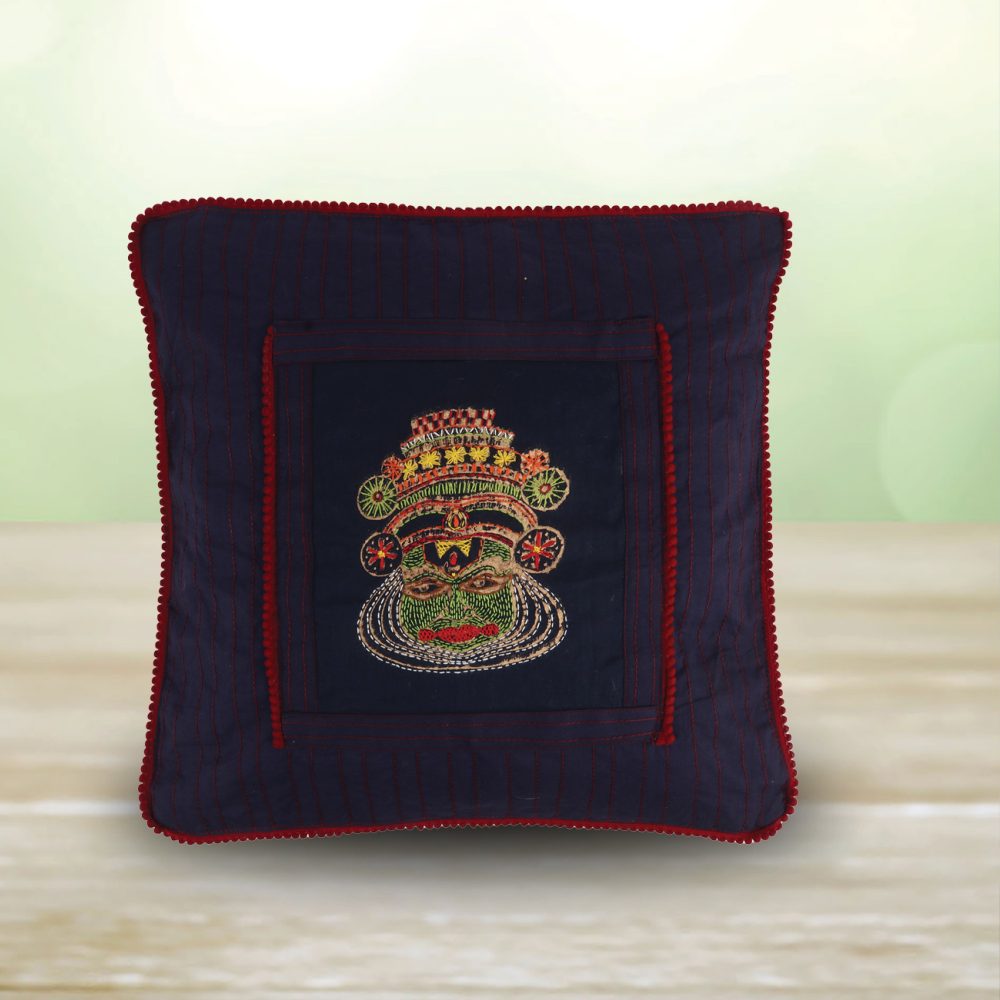 Kathakali Dancer Face Hand Embroidered Blue &amp; Red Throw Dupion Silk Cushion Cover Set (Set of 2) Home Décor | Home Furnishing | Throw Cushion Covers | Corporate Gifting | Hand Embroidered Cushion Cover