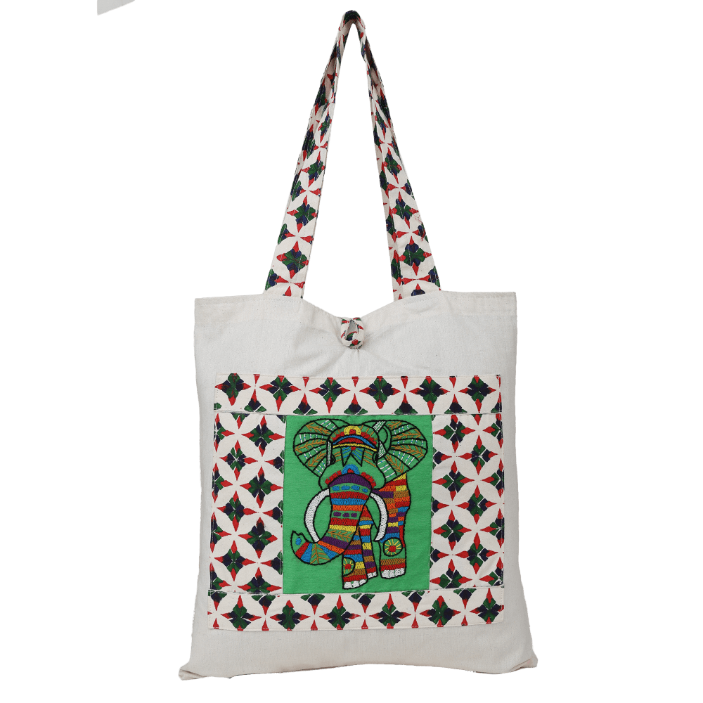 Indha Hand Embroidered Cotton Shopping Bag | Eco-Friendly Reusable Tote | Single Unit (14 x 16 in, Assorted Designs)
