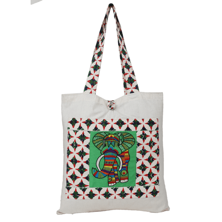 Indha Hand Embroidered Cotton Shopping Bag | Eco-Friendly Reusable Tote | Single Unit (14 x 16 in, Assorted Designs)