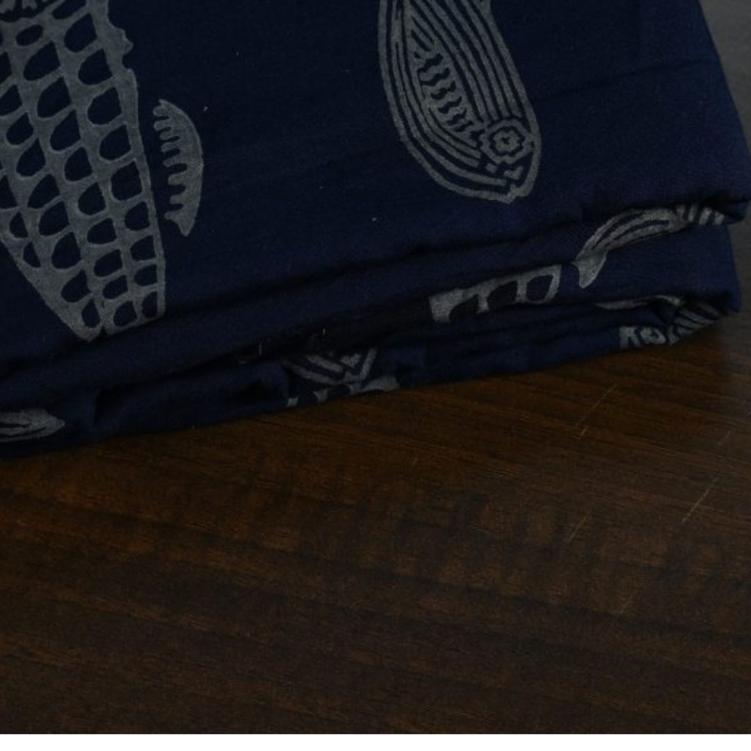 INDHA Hand Block-Printed Jaipuri Cotton Fabric Blue | Grey Fish Design Motif  Fabric | Hand Block Printed Fabric | Home Utility | Fashion Utility | Gifting | Gifts For Him | Gifts For Her | Home Furnishing | 3 Meter X 42-44 Wide