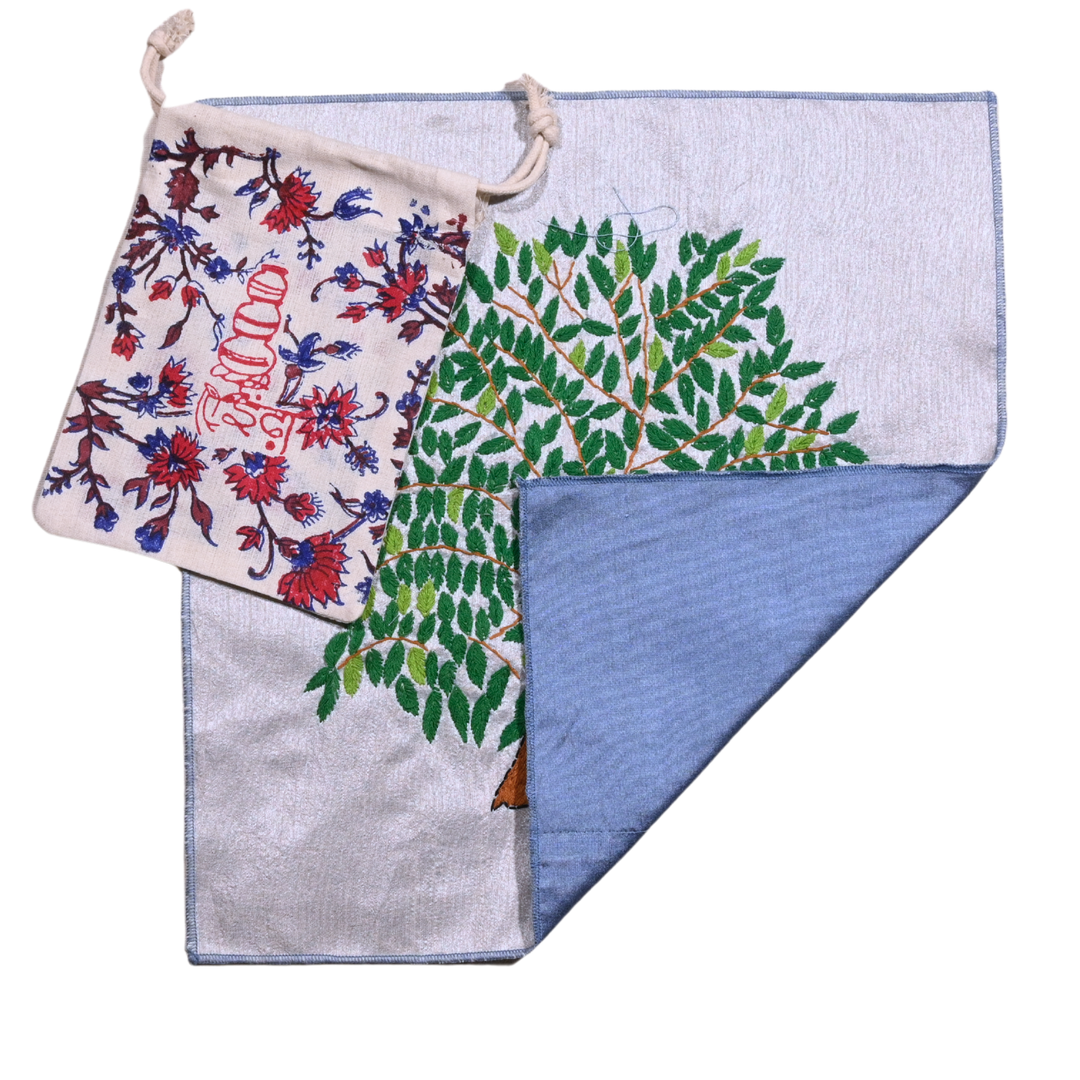 Peepal Tree Hand Embroidery Panel – Sacred Tree Motif on Dupion Silk | Nature-Inspired Decor | Spiritual Gift