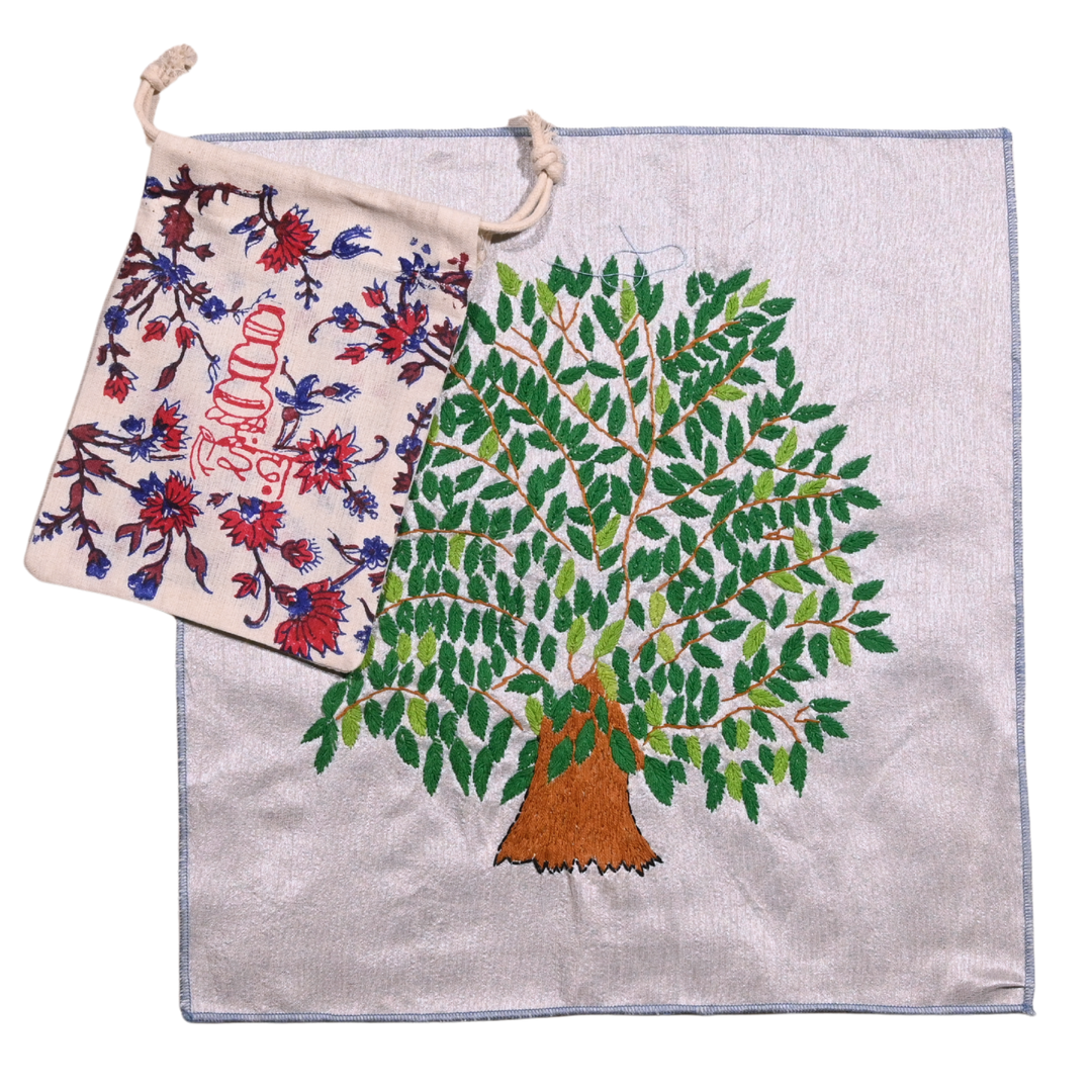 Peepal Tree Hand Embroidery Panel – Sacred Tree Motif on Dupion Silk | Nature-Inspired Decor | Spiritual Gift