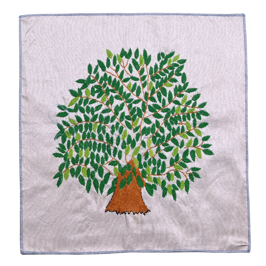 Peepal Tree Hand Embroidery Panel – Sacred Tree Motif on Dupion Silk | Nature-Inspired Decor | Spiritual Gift