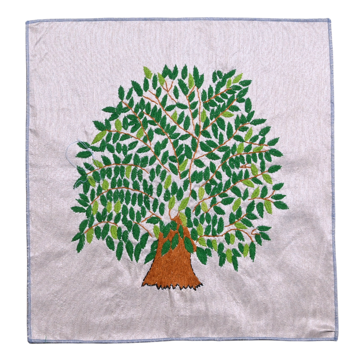 Peepal Tree Hand Embroidery Panel – Sacred Tree Motif on Dupion Silk | Nature-Inspired Decor | Spiritual Gift