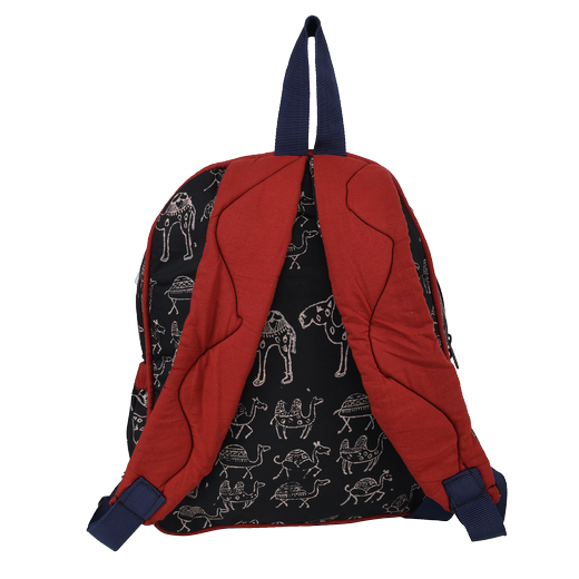 INDHA Kids Backpack Bag | Black Denim Kids Backpack Bag | Hand Block Printed White Camel Design Motif | Kids Bag | School Bag | Gifting | Handmade | Denim Bag | Bag For Kids